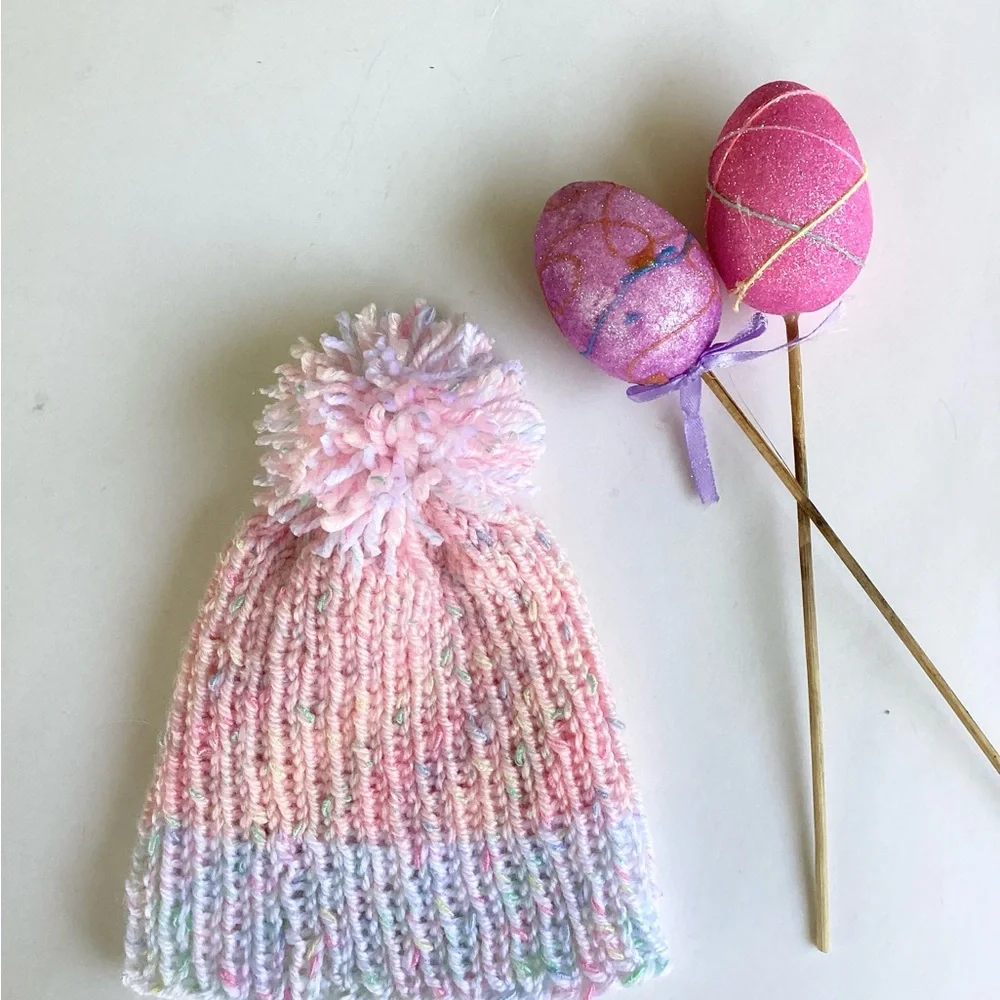 Beanie Pom Pom Hand Crafted Pastel Knit Pink White